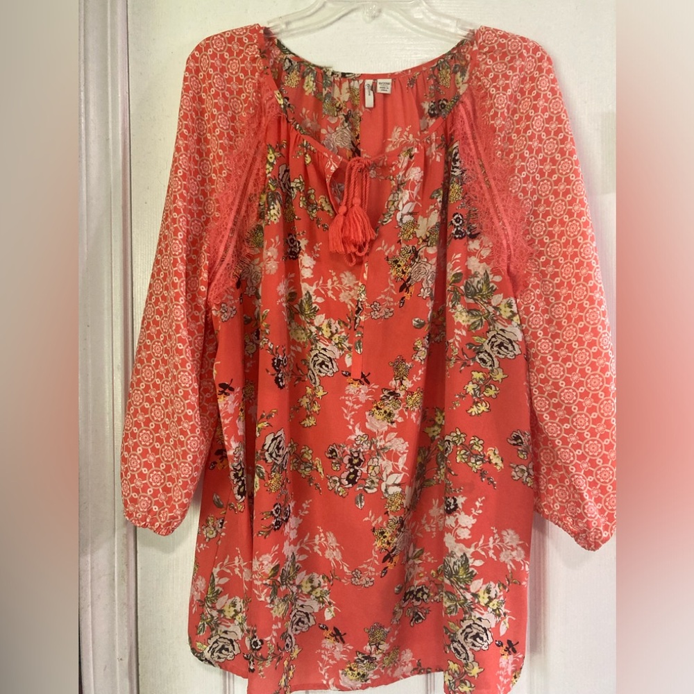 Cato peach and yellow floral top with tassel tie sz 18/20